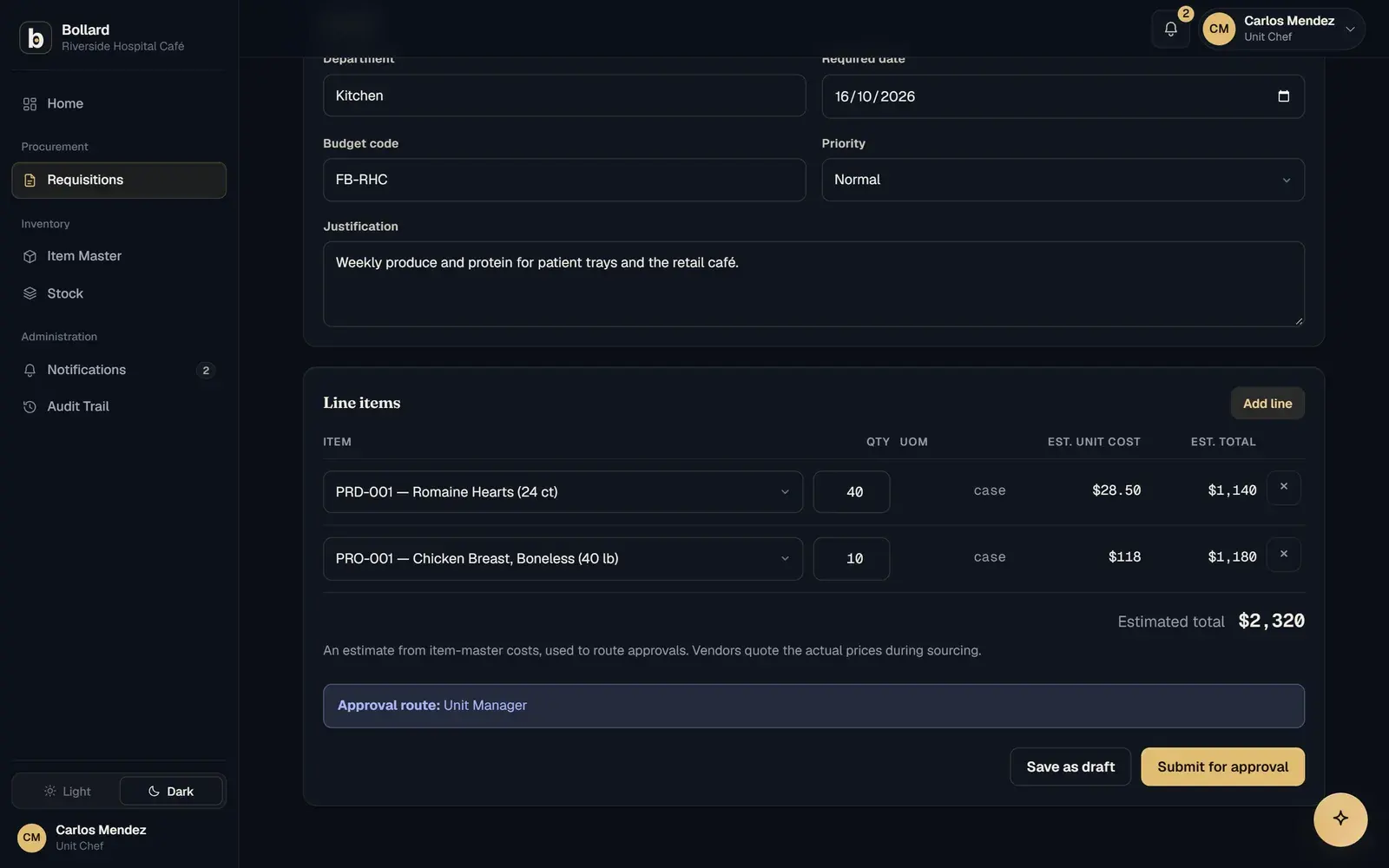 A new requisition with line items, an estimated total and its approval route.